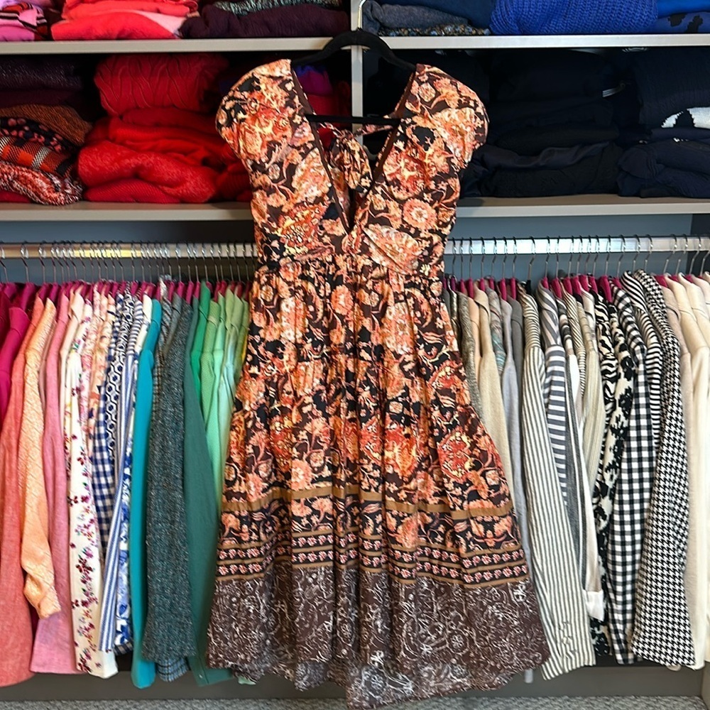 Anthropologie orange/brown/black/white flower print sleeveless maxi dress 2 NWT